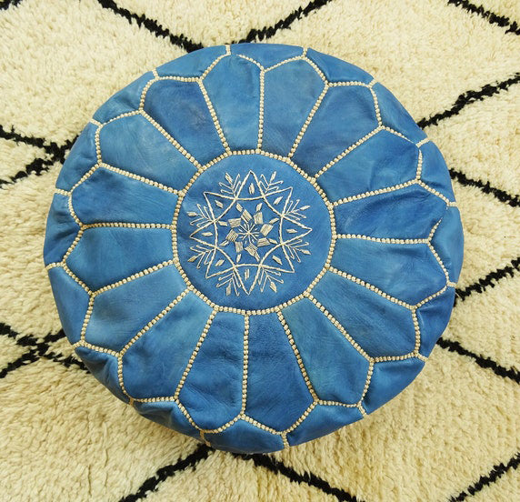 Stuffed Blue jeans leather pouf with top embroidery, blue moroccan pouf