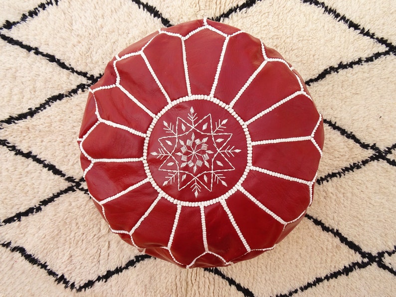 Stuffed Garnet Moroccan Leather Pouf